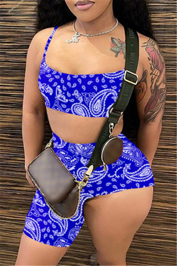 Blue Fashion Sexy Print Backless Asymmetrical Sleeveless Two Pieces