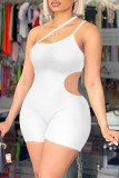 White Fashion Sexy Solid Hollowed Out Backless One Shoulder Skinny Romper