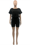 Black Casual Solid Basic O Neck Plus Size Short Sleeve Romper