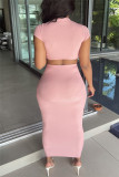 Pink Fashion Sexy Solid Hollowed Out Strap Design O Neck Short Sleeve Two Pieces