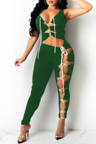 Green Sexy Solid Split Joint V Neck Skinny Jumpsuits