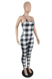 Black And White Fashion Sexy Plaid Print Backless Strap Design Spaghetti Strap Skinny Jumpsuits