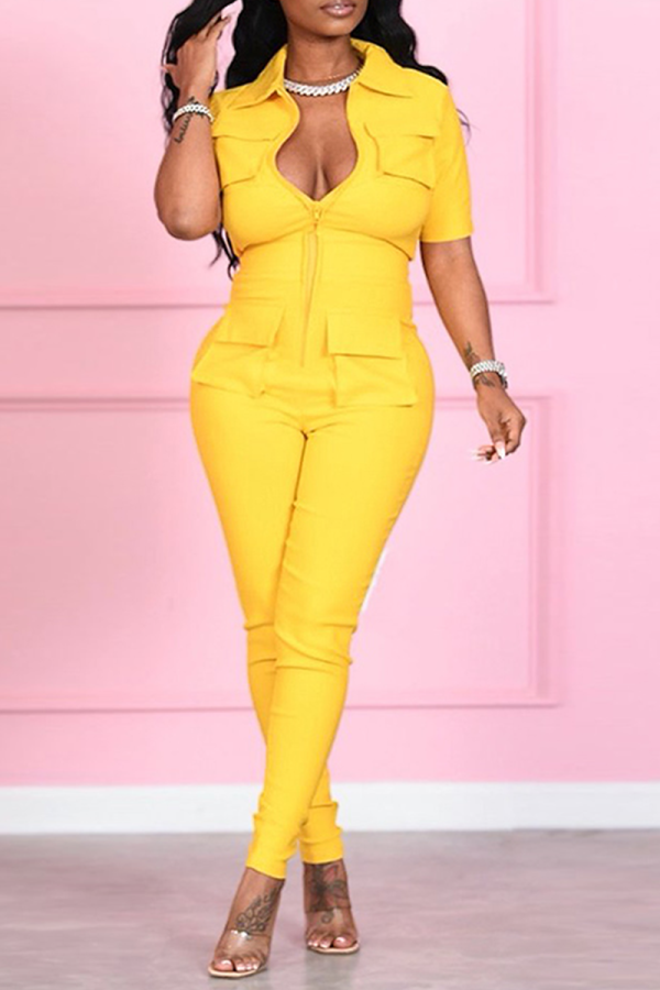 Yellow Casual Solid Patchwork Turndown Collar Skinny Jumpsuits