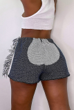Blue Casual Print Tassel Patchwork Straight Mid Waist Straight Full Print Bottoms
