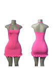 Pink Sexy Casual Solid Backless Flounce Halter Sleeveless Dress