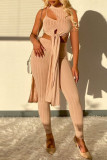 Khaki Sexy Casual Solid Hollowed Out Slit O Neck Sleeveless Two Pieces