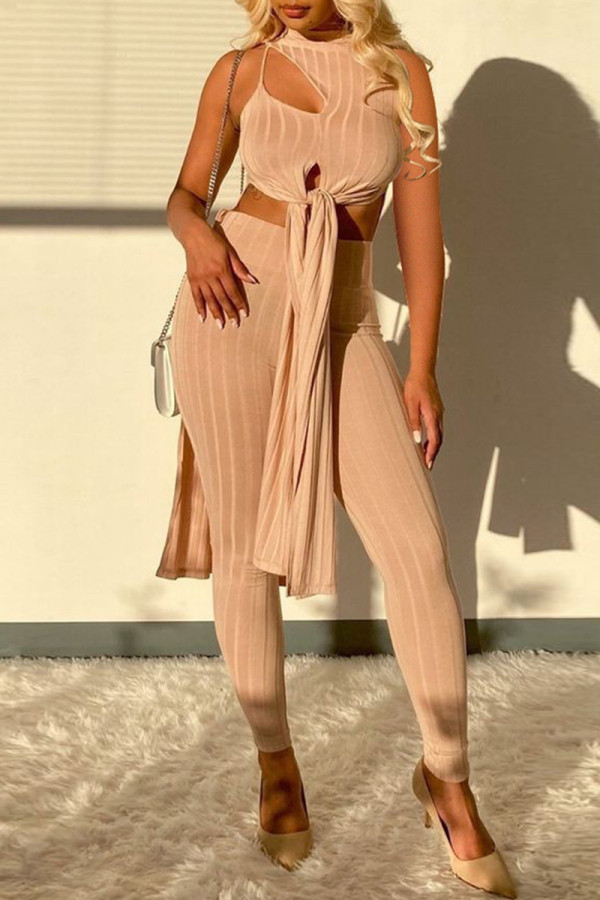 Khaki Sexy Casual Solid Hollowed Out Slit O Neck Sleeveless Two Pieces