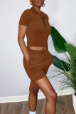 Pink Casual Solid Patchwork Zipper Turndown Collar Short Sleeve Two Pieces