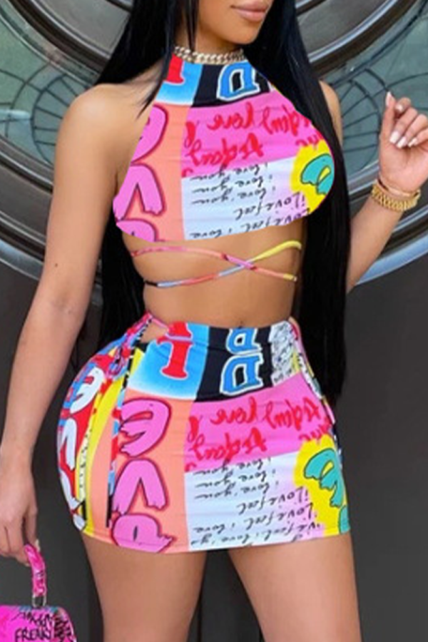 Pink Sexy Print Hollowed Out Halter Sleeveless Two Pieces