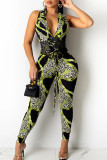 Pink Sexy Print Patchwork Frenulum V Neck Skinny Jumpsuits
