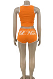 Tangerine Red Casual Print Patchwork O Neck Sleeveless Two Pieces