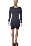 Blue Casual Solid Patchwork Asymmetrical O Neck Pencil Skirt Dresses