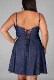 Deep Blue Sexy Solid Draw String Spaghetti Strap Cake Skirt Dresses