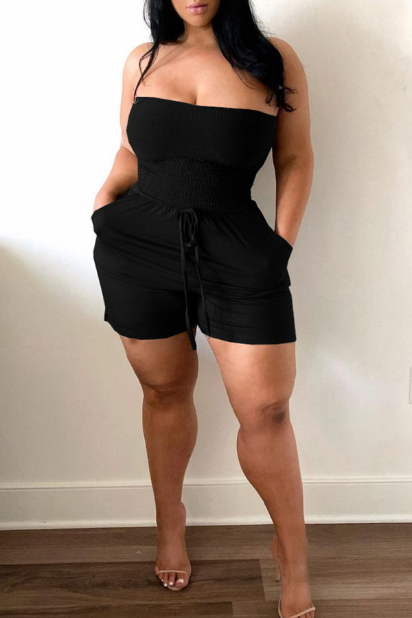 Black Sexy Casual Solid Backless Strapless Regular Romper
