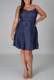 Deep Blue Sexy Solid Draw String Spaghetti Strap Cake Skirt Dresses