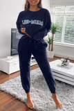Deep Blue Casual Print Patchwork O Neck Long Sleeve Two Pieces