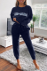 Deep Blue Casual Print Patchwork O Neck Long Sleeve Two Pieces