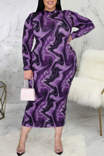 Purple Sexy Print Split Joint Half A Turtleneck Pencil Skirt Plus Size Dresses