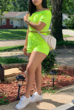 Fluorescent Green Fashion Casual Solid Backless Off the Shoulder Short Sleeve Two Pieces