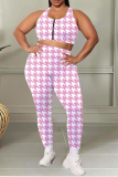 Pink Casual Print Patchwork U Neck Plus Size Two Pieces