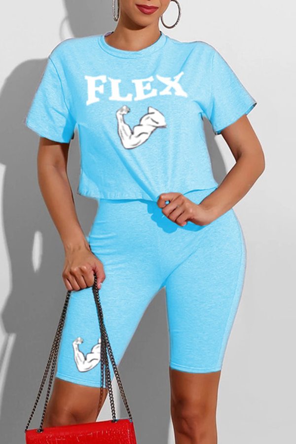 Light Blue Casual Print Patchwork O Neck Short Sleeve Two Pieces