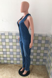 Blue Sexy Casual Solid Backless Halter Skinny Jumpsuits