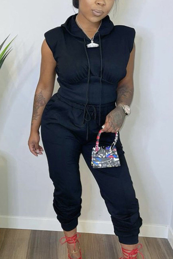 Black Casual Solid Patchwork Hooded Collar Sleeveless Two Pieces