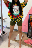 Red Casual Print Patchwork O Neck Short Sleeve Two Pieces
