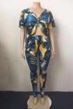 Blue Fashion Casual Print Basic V Neck Short Sleeve Two Pieces