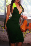 Deep Red Fashion Sexy Solid Backless Fold V Neck Sleeveless Dress