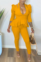 Yellow Fashion Casual Solid Split Joint V Neck Long Sleeve Two Pieces