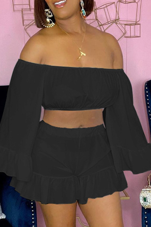 Black Casual Solid Patchwork Off the Shoulder Long Sleeve Two Pieces