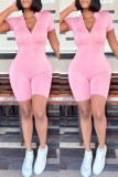 Pink Fashion Casual Solid Basic Zipper Collar Skinny Romper