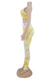 Yellow Fashion Casual Print Vests Pants U Neck Sleeveless Two Pieces