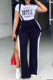 Black Fashion Casual Letter Print Slit O Neck Short Sleeve Two Pieces