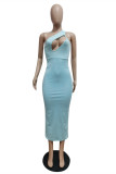 Light Blue Fashion Sexy Solid Hollowed Out One Shoulder Sleeveless Dress