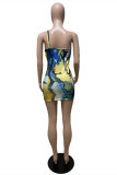 Multicolor Fashion Sexy Print Backless One Shoulder Sleeveless Dress