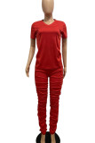 Red Casual Solid Patchwork Fold V Neck Short Sleeve Two Pieces