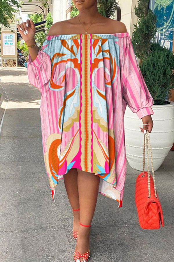 Pink Sexy Print Patchwork Off the Shoulder Irregular Dress Dresses