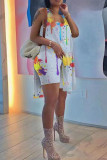 White Casual Print Patchwork High Opening U Neck Two Pieces