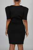 Black Casual Solid Split Joint V Neck Irregular Dress Dresses