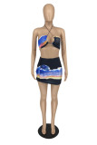 Blue Fashion Sexy Print Backless Halter Sleeveless Two Pieces