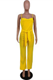 Yellow Sexy Casual Solid Bandage Spaghetti Strap Regular Jumpsuits