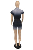 Black Fashion Casual Gradual Change Print Basic Zipper Collar Short Sleeve Two Pieces