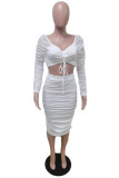 White Fashion Sexy Solid Patchwork Fold Square Collar Long Sleeve Two Pieces