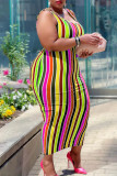Multicolor Sexy Striped Print Split Joint U Neck Pencil Skirt Plus Size Dresses