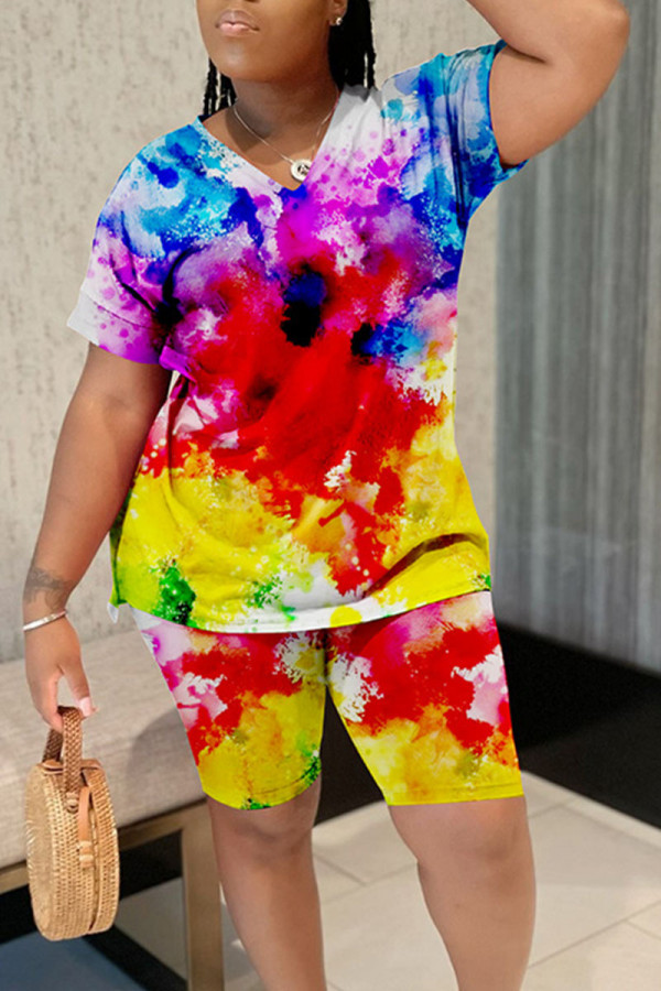 Colour Casual Print Tie Dye Patchwork O Neck Short Sleeve Two Pieces