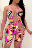 Blue Sexy Print Hollowed Out Halter Skinny Jumpsuits