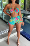 Green Sexy Street Print Patchwork Draw String Swimwears