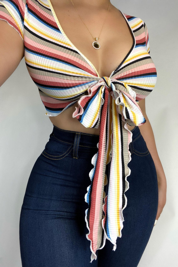 Red Fashion Casual Striped Print Bandage V Neck T-Shirts